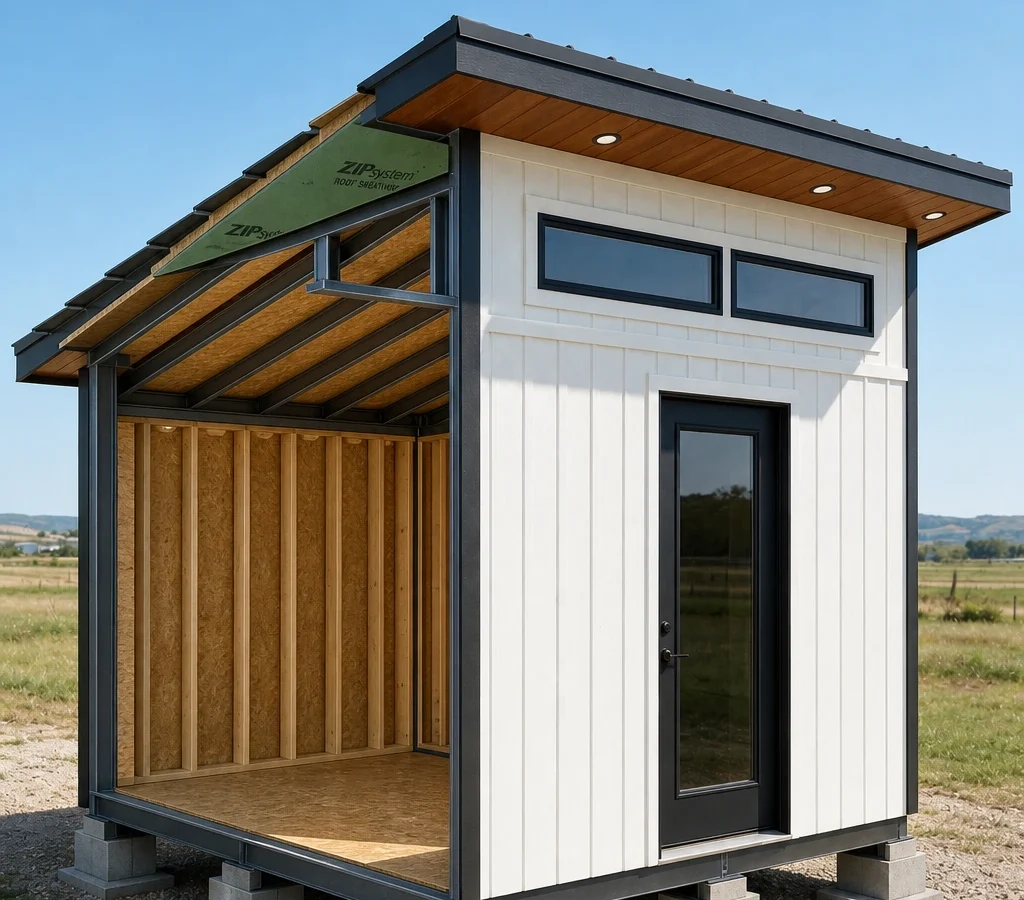 Welded steel frame of the 8×10 lean-to workshop under construction