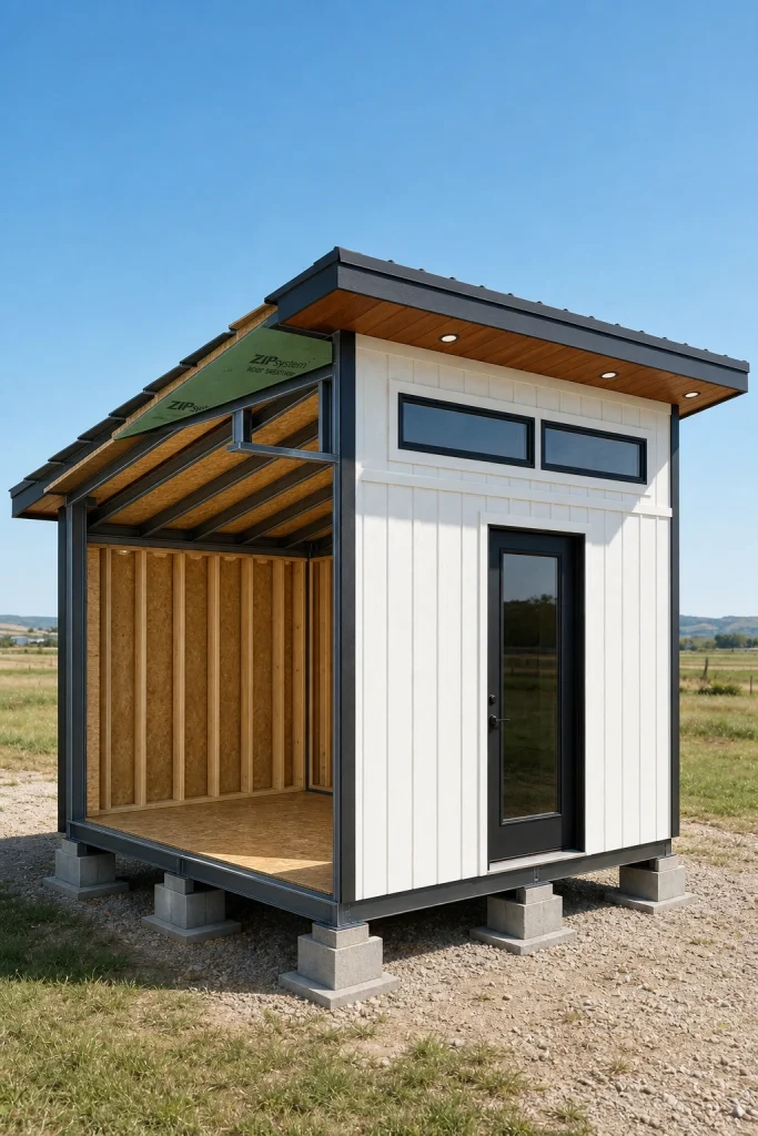 Welded steel frame of the 8×10 lean-to workshop under construction