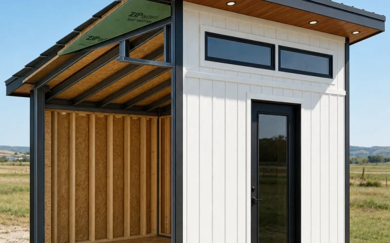Welded steel frame of the 8×10 lean-to workshop under construction