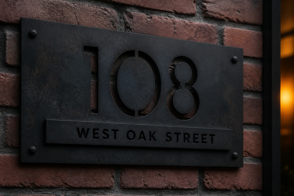 Horizontal steel plaque with cut-out 108 over a welded bar reading West Oak Street, mounted on brick