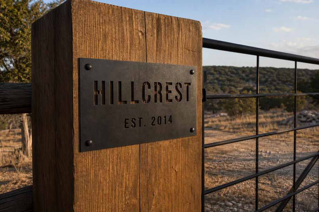 Black steel ranch plate reading HILLCREST EST. 2014 on a cedar post beside a ranch gate