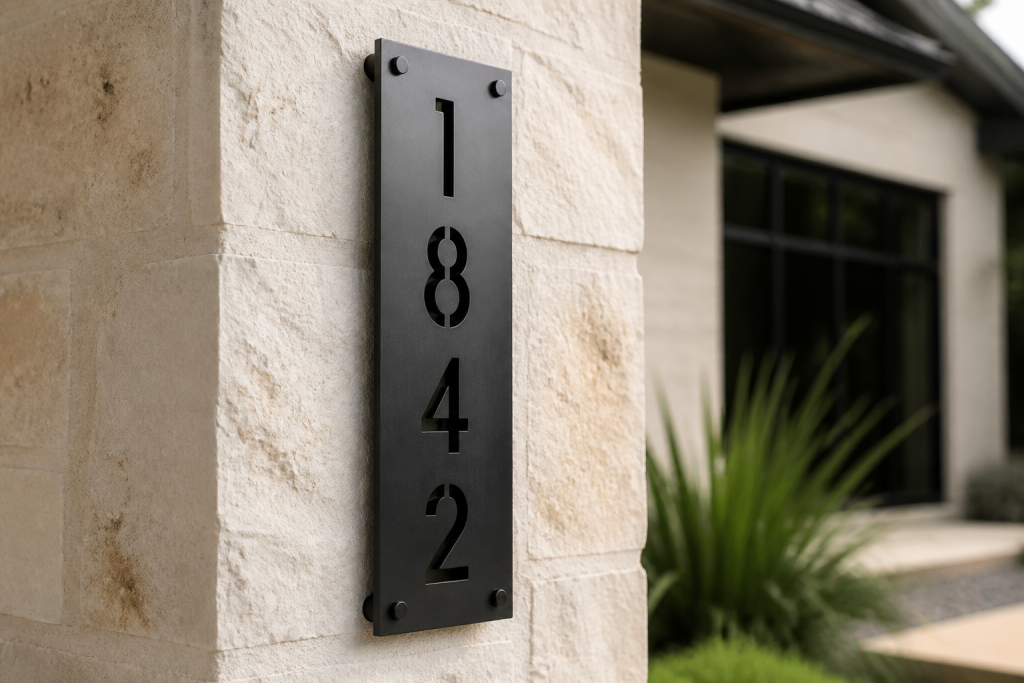 Vertical black steel address plate reading 1842 on a limestone column with standoffs